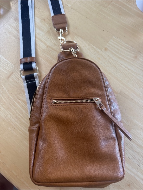 Handbags - Tan Leather Crossbody Sling Bag with Stripe Strap